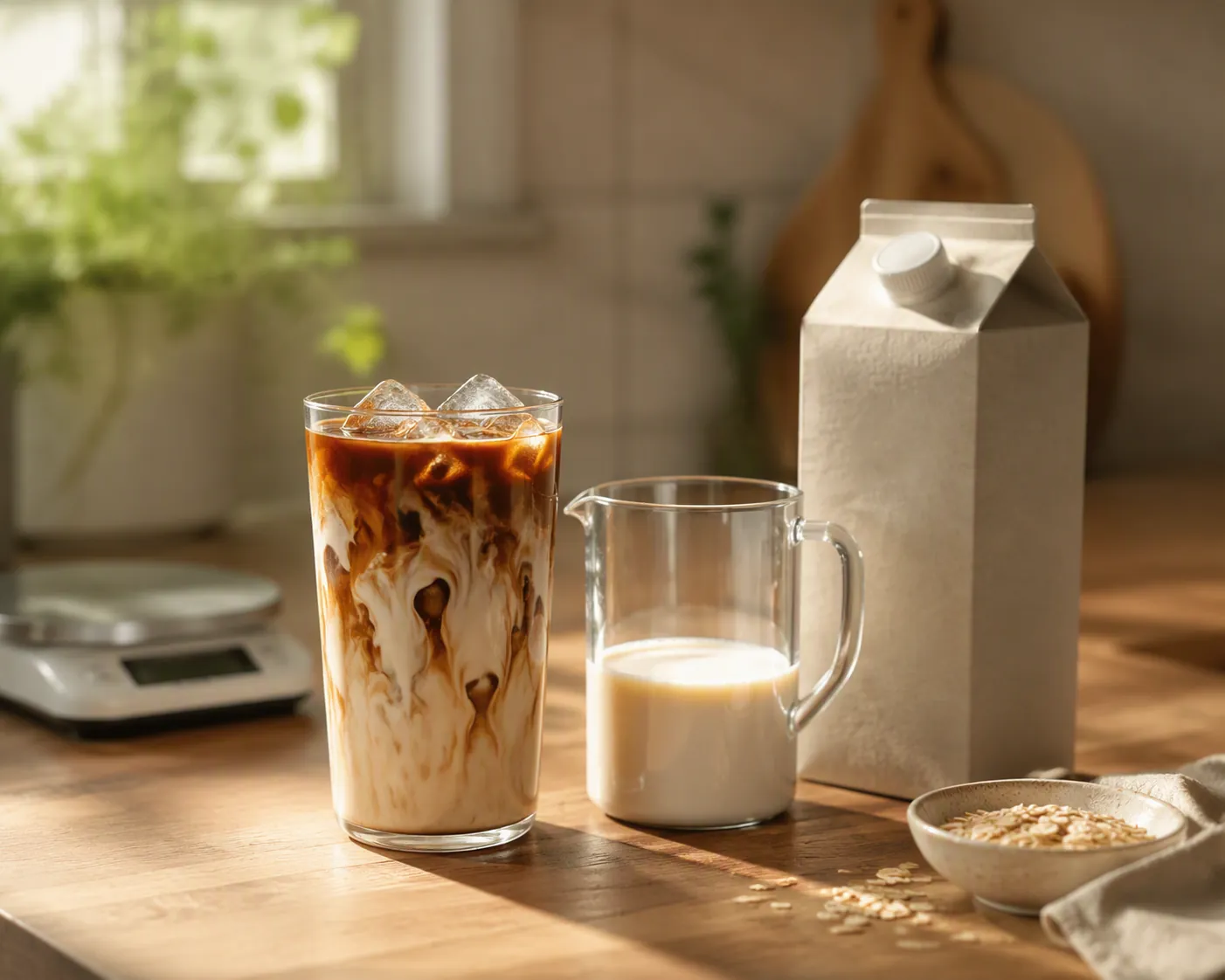 Iced oat latte beside a measuring cup, oat milk carton, and kitchen scale on a home counter