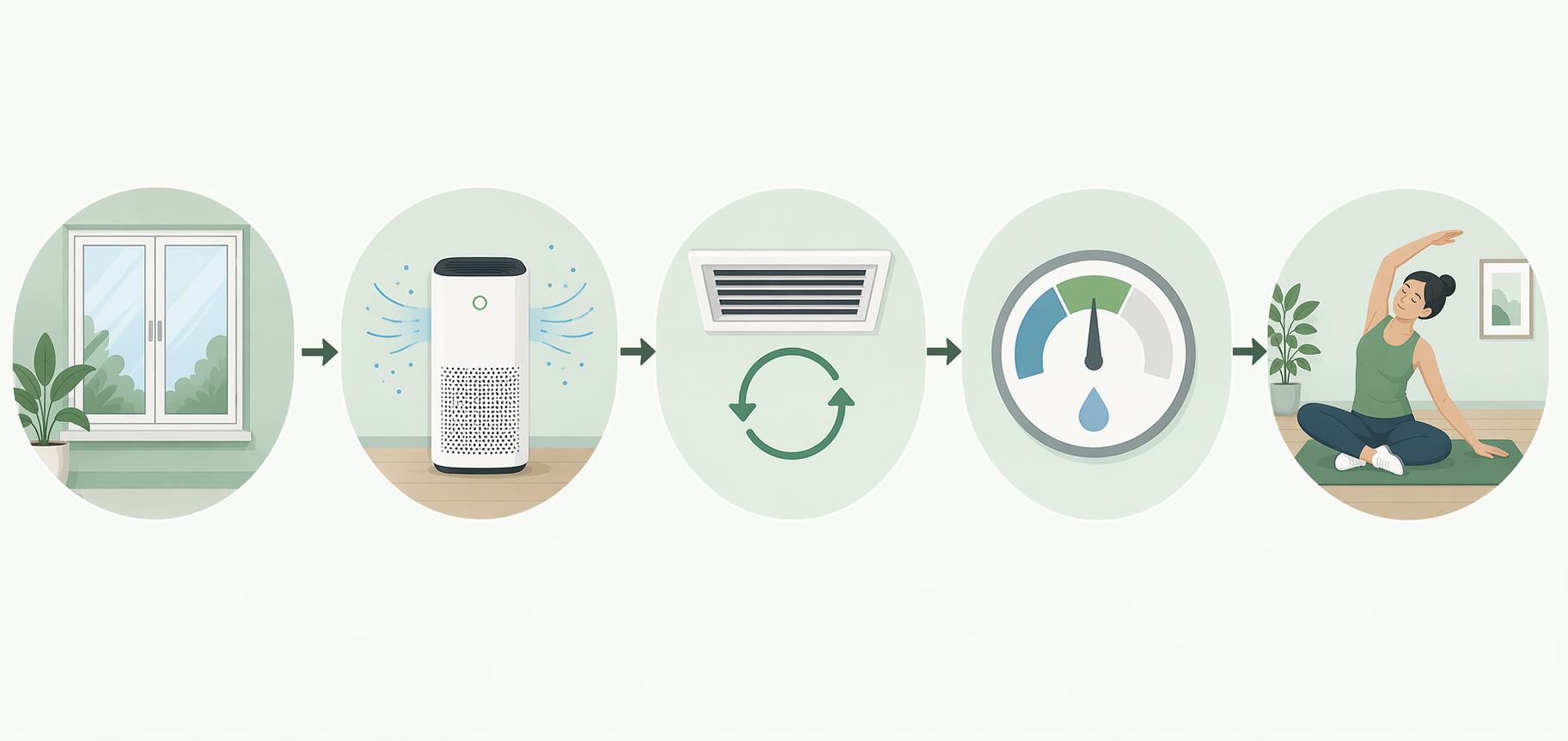 Five-step indoor air setup with closed window, air purifier, HVAC recirculation, humidity gauge, and stretching mat