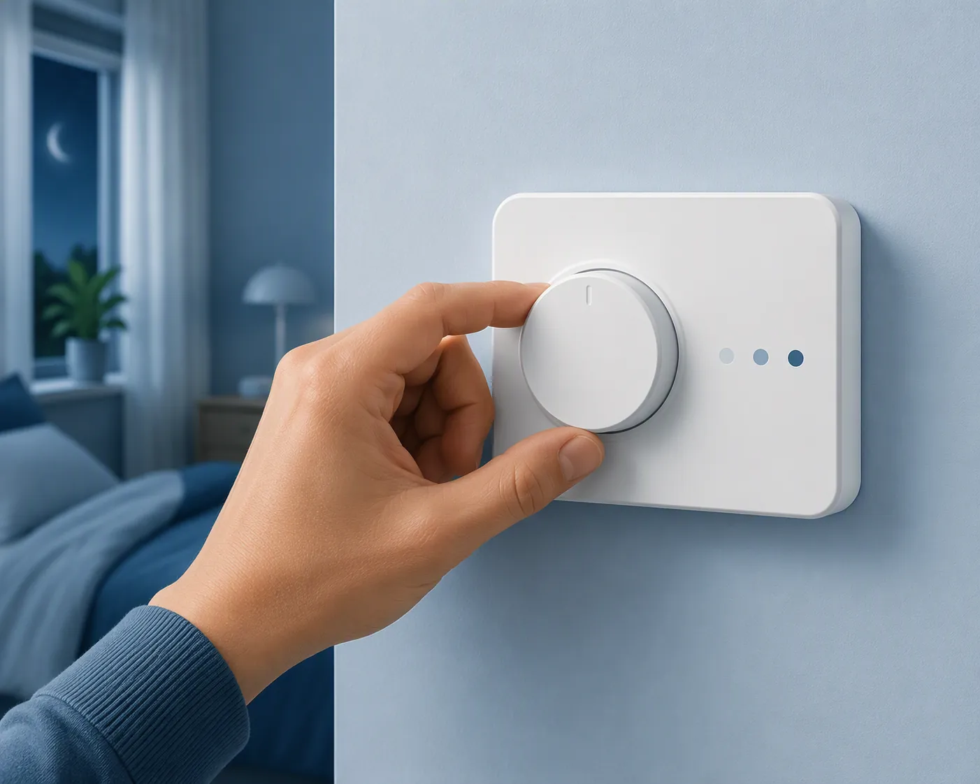 Hand turning a simple white wall thermostat a small step with subtle marker dots suggesting gradual adjustments