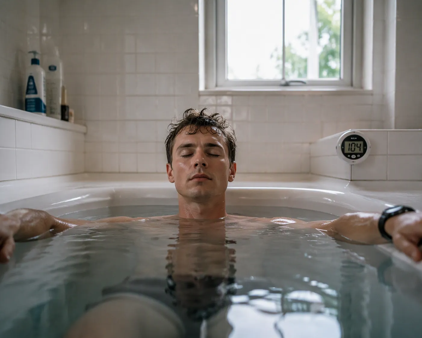 Runner immersed up to the neck in a home bathtub with a thermometer showing about 104 degrees Fahrenheit