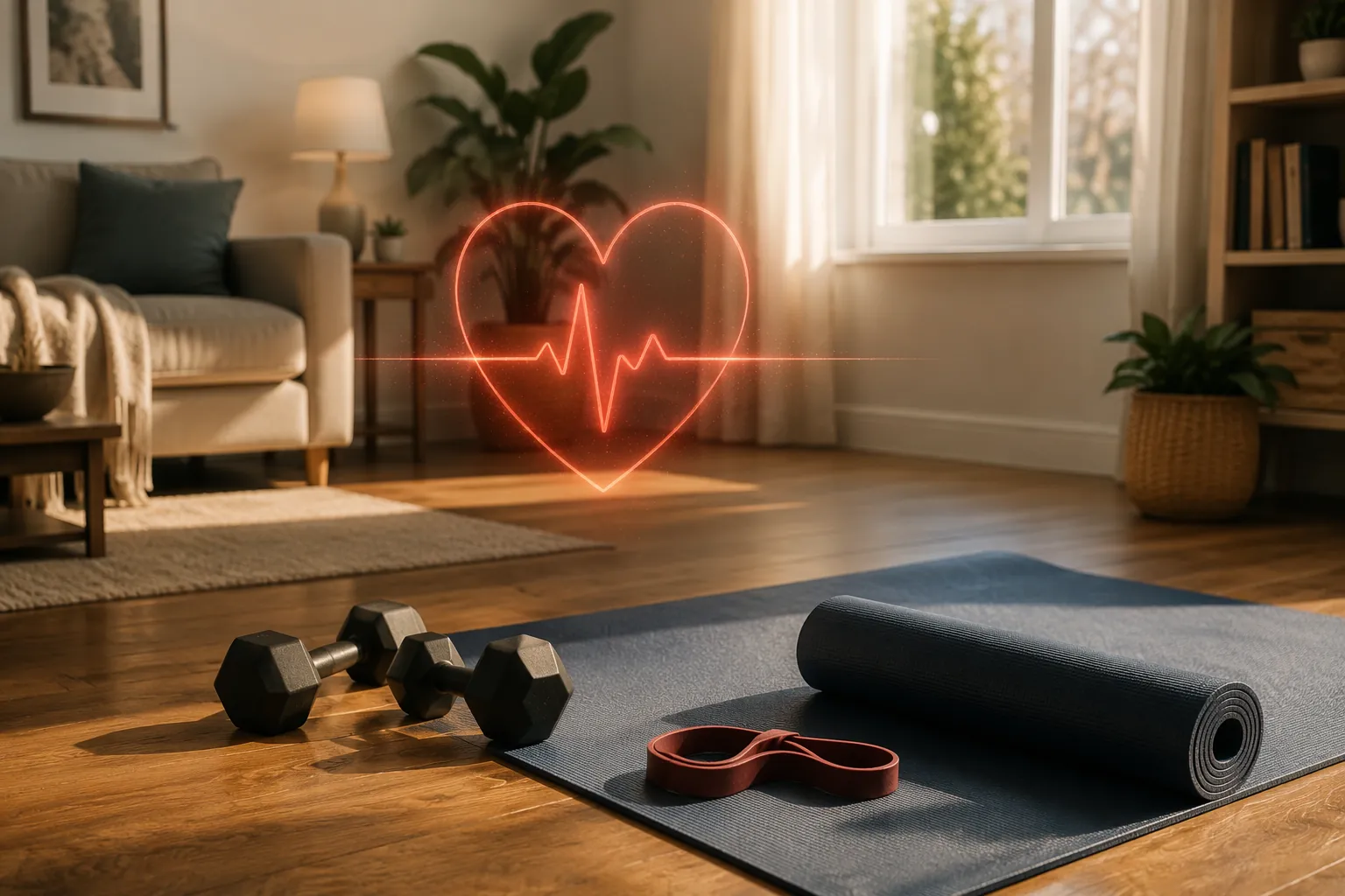 Home living room with a yoga mat, dumbbells, resistance band, and a subtle heart health pulse line