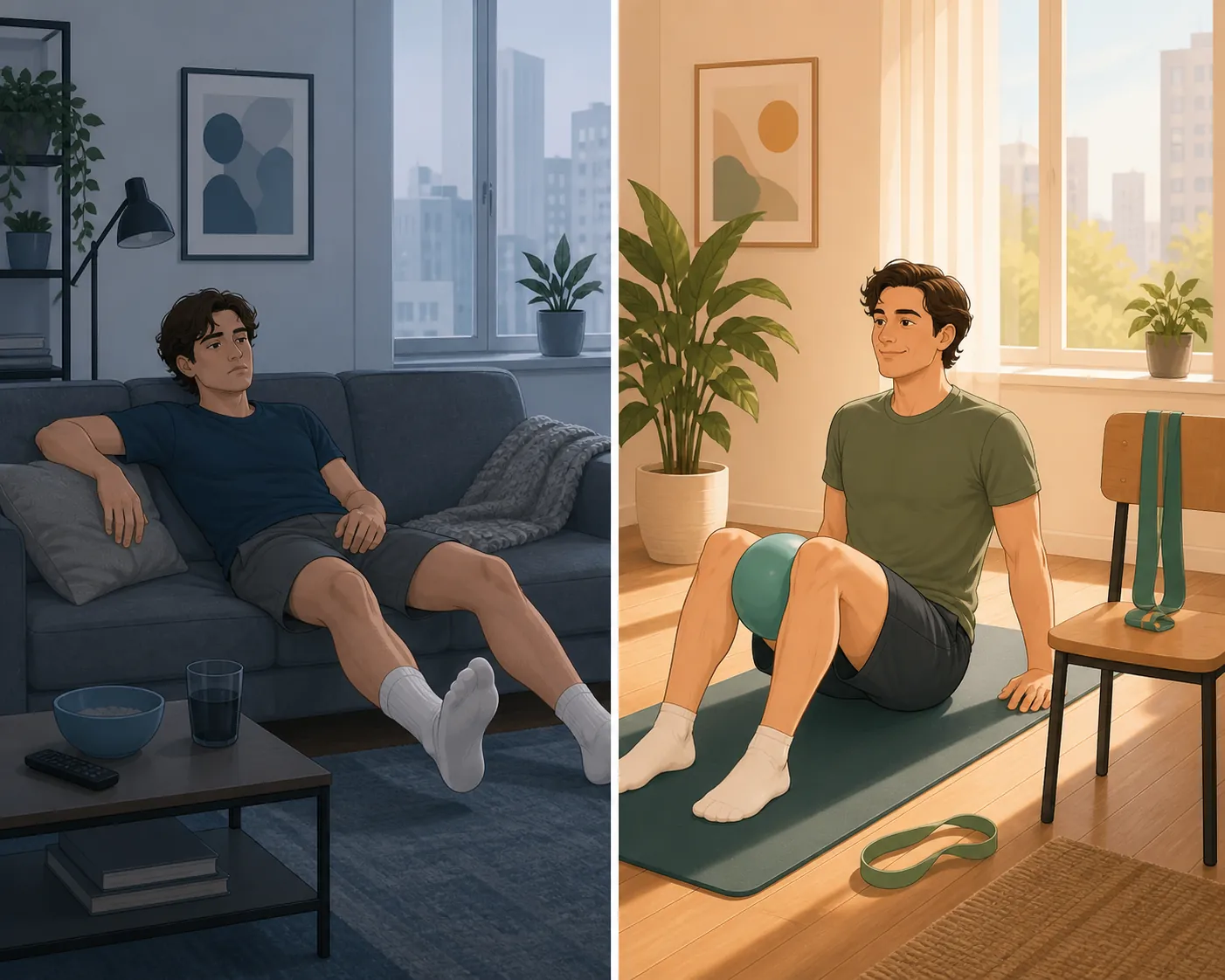 Split apartment scene contrasting passive couch rest with active seated ball-squeeze groin rehab