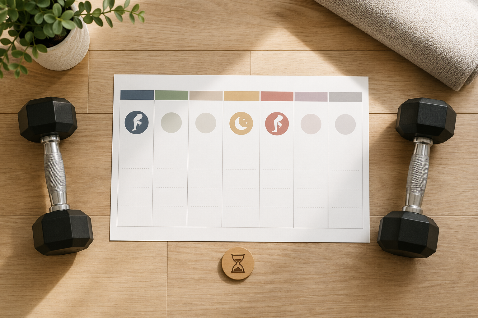 Dumbbells beside a weekly calendar with a rest icon showing a recovery gap between leg training sessions