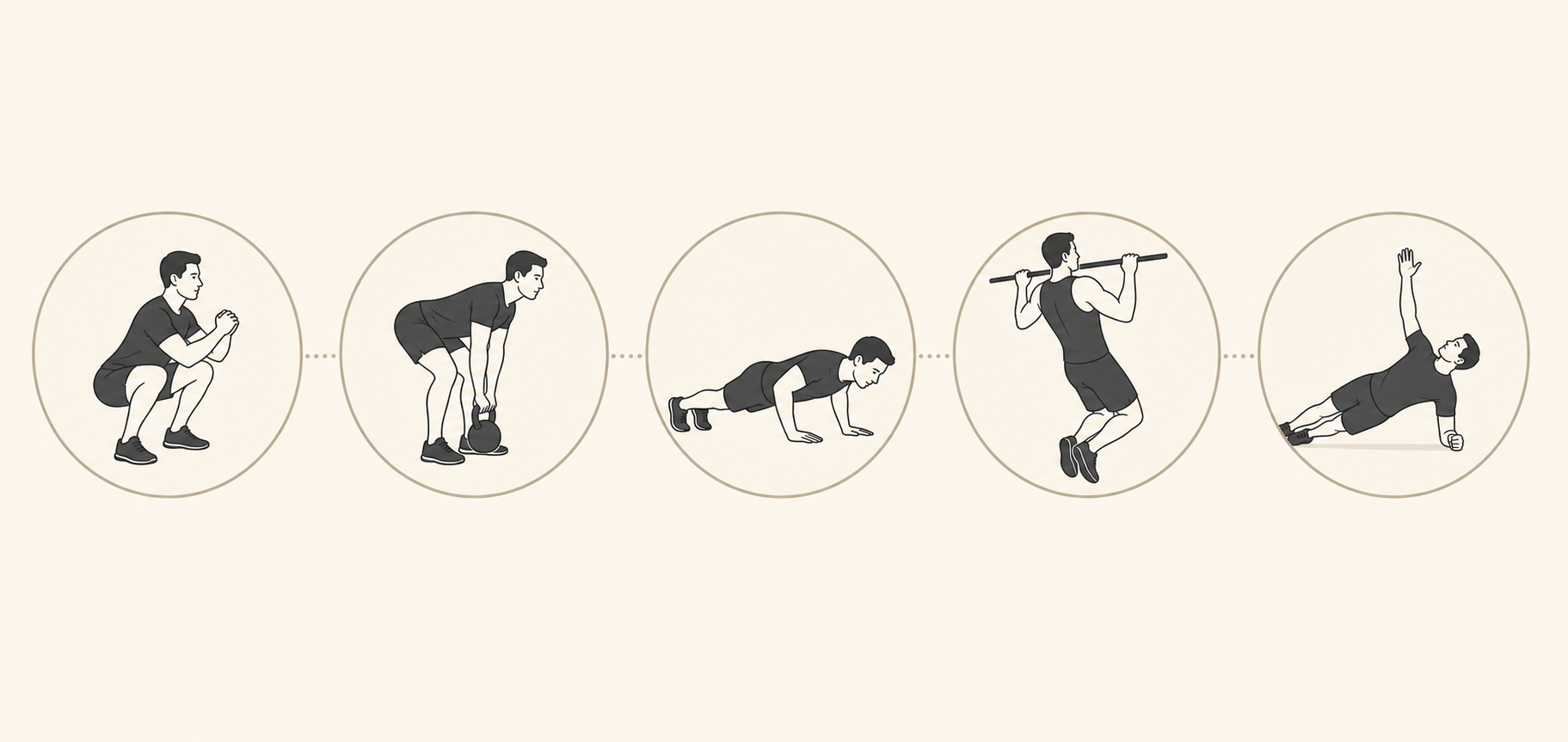 Illustration of squat, hinge, push, pull, and core movement patterns
