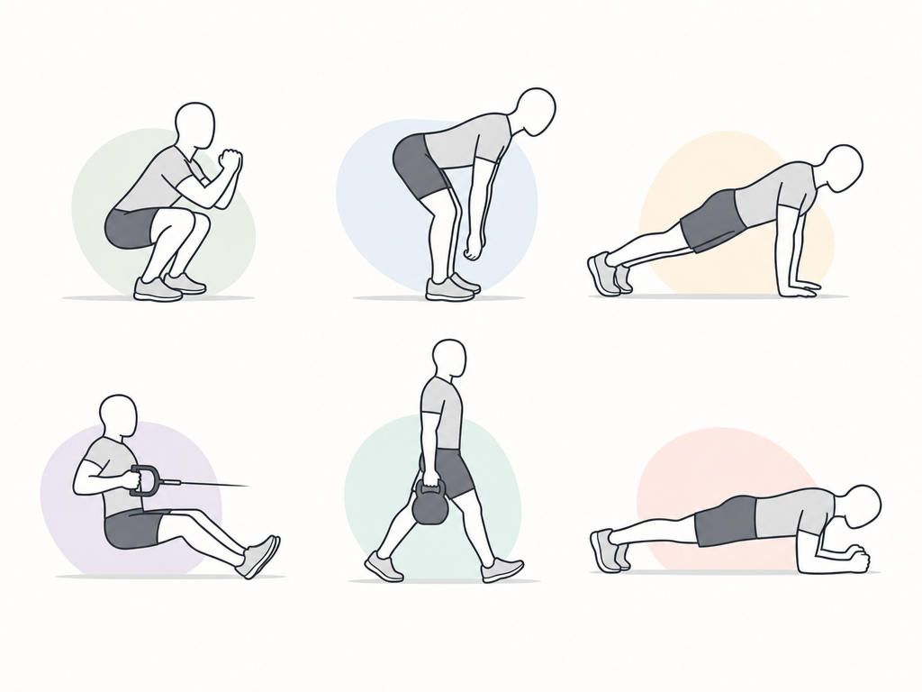 Six simple human figure icons arranged in a 2x3 grid, each demonstrating a fundamental movement pattern: squat, hinge, push, pull, carry, and core.