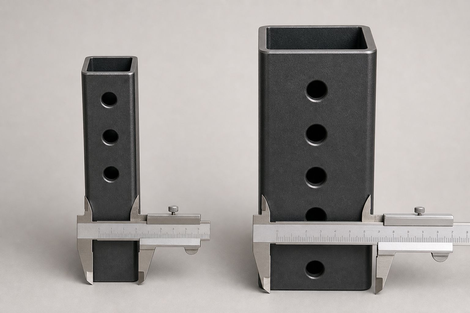 Close-up product photo comparing two steel uprights side by side: a 2x2-inch square tube and a 3x3-inch square tube, both with attachment holes, with a measuring ruler next to each showing the width difference, on a light gray background with soft studio lighting