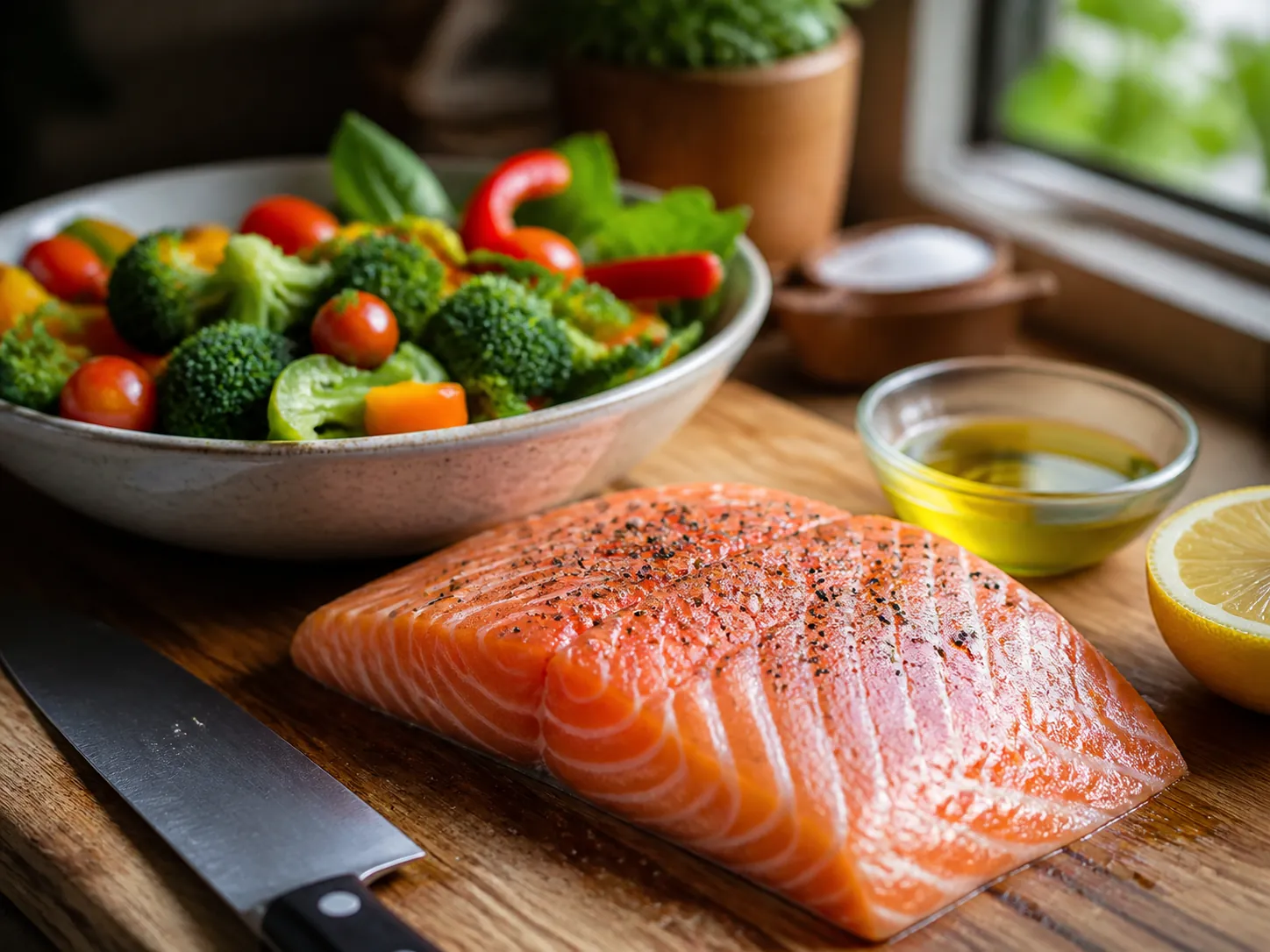 Raw salmon, vegetables, lemon, olive oil, and a knife on a wooden cutting board for a simple home-cooked meal