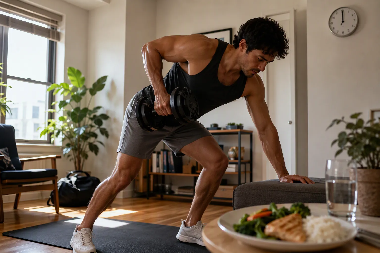 Person doing a dumbbell row in a bright apartment with a meal nearby and a clock on the wall