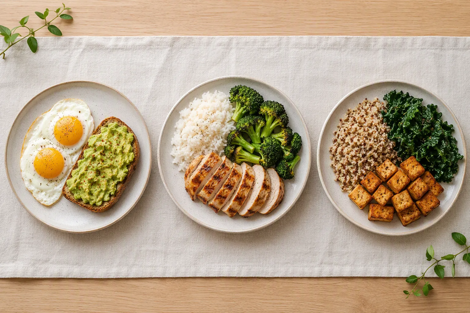 Three modest meals with meaningful protein portions spread across the day