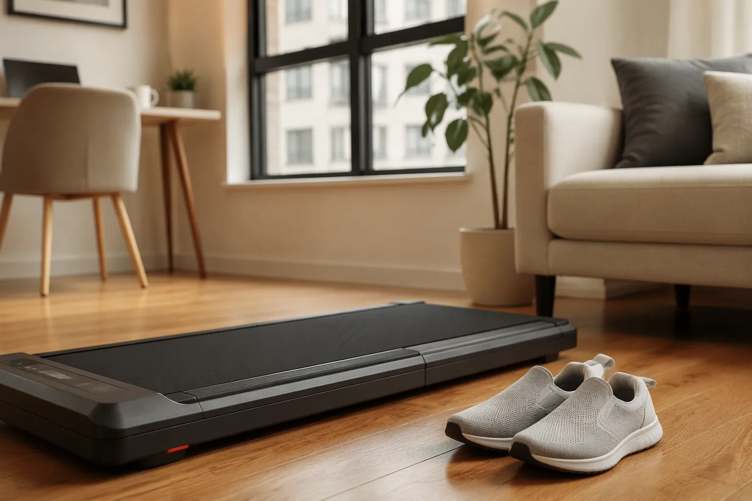 Minimal apartment walking setup with mesh sneakers beside a compact walking pad on hardwood flooring