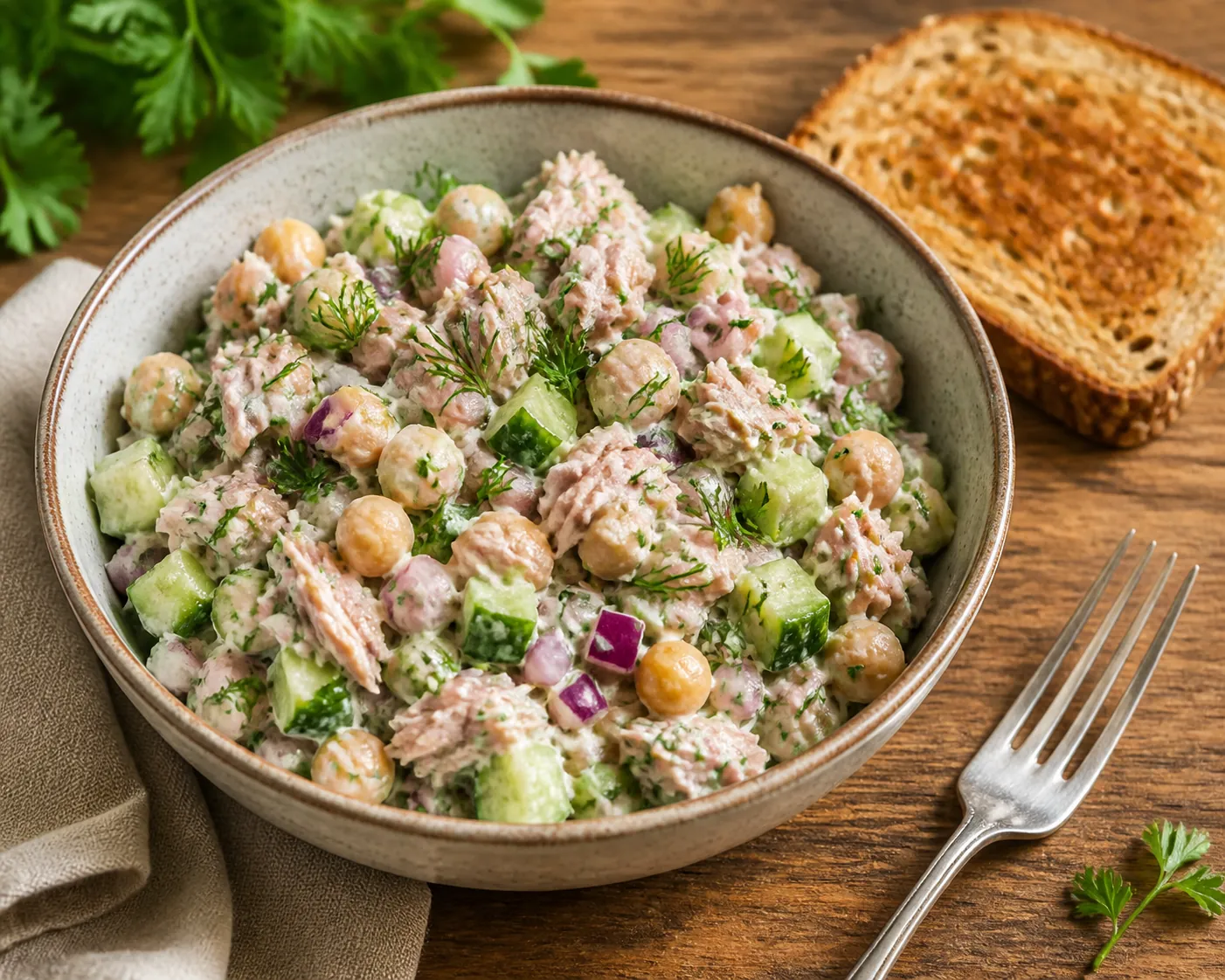 A bowl of Greek yogurt tuna salad with chickpeas, cucumber, red onion, herbs, and whole-grain toast