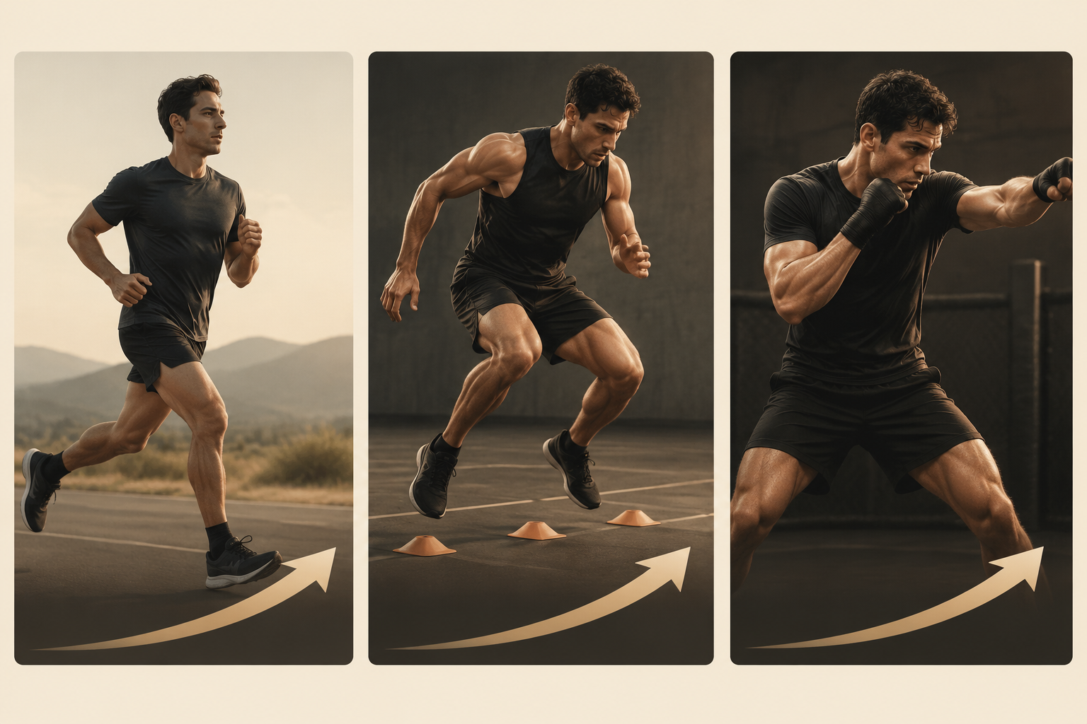 Three-panel progression from aerobic foundation to explosive interval work to fight-stance shadowboxing