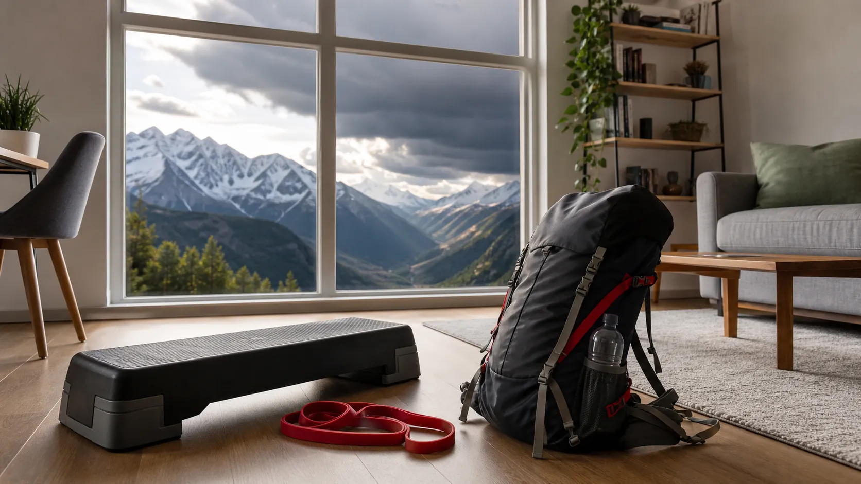 Apartment hiking training setup with a step platform, resistance band, and loaded backpack