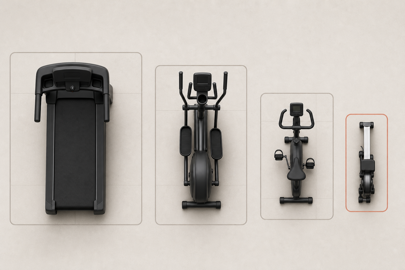 A top-down comparison of four machine footprints — treadmill, elliptical, exercise bike, and folded rowing machine — showing the rowing machine as the smallest.
