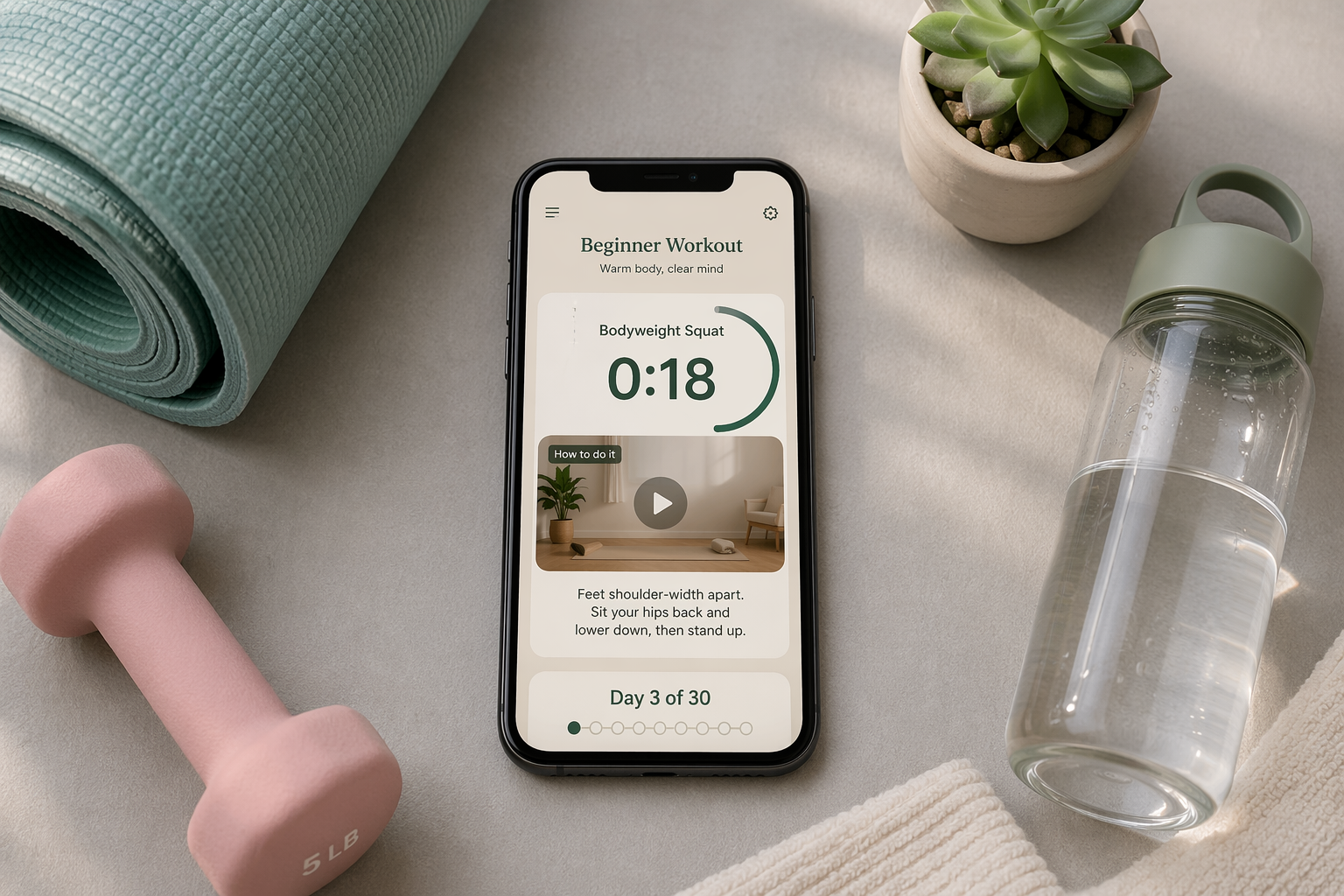 Top-down flat-lay on a soft grey surface: a smartphone centered showing a workout app interface with a timer at 0:18, a bodyweight squat video thumbnail, and a 'Day 3 of 30' progress indicator. Around the phone are a rolled teal yoga mat, a single light pink 5 lb dumbbell, a clear half-filled water bottle, and a small potted succulent.