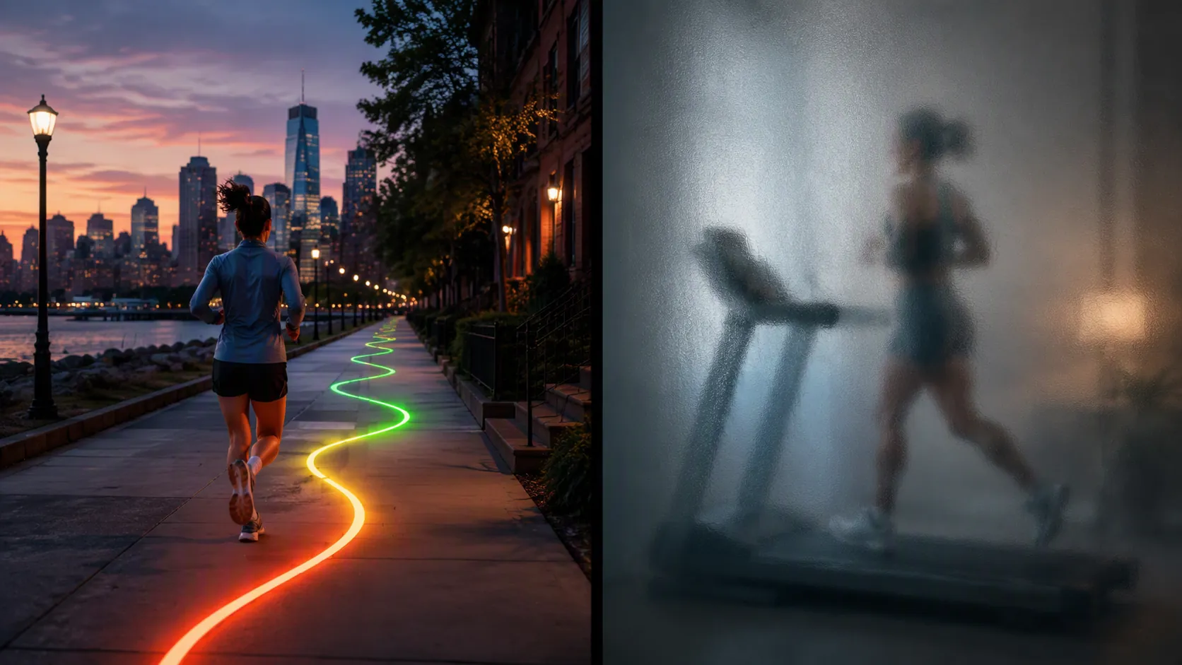 Runner outdoors following a GPS route contrasted with a treadmill indoors