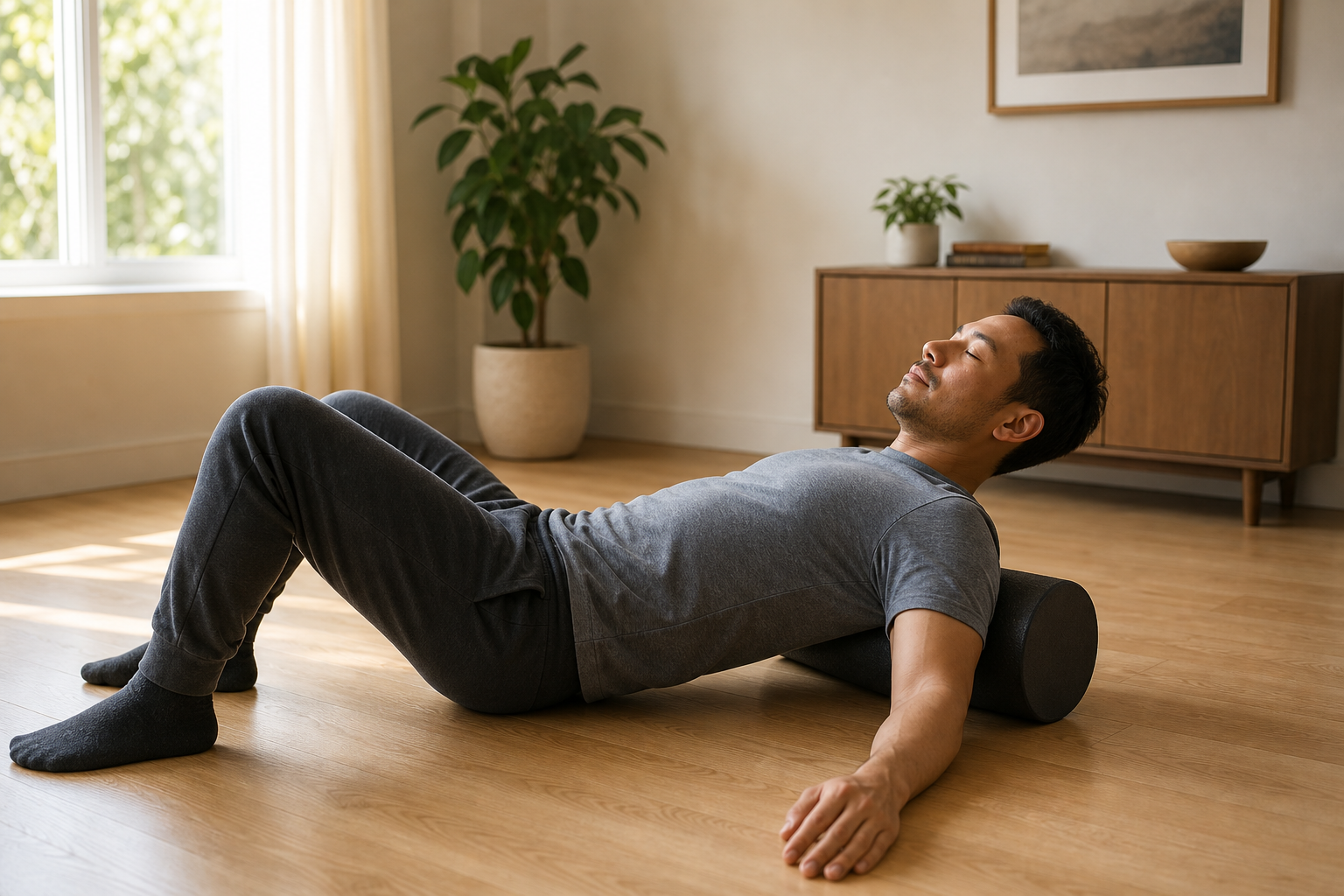 An adult in casual workout clothes lying on a hardwood floor in a minimal home living room, upper back resting on a foam roller, eyes closed, natural light from a nearby window.