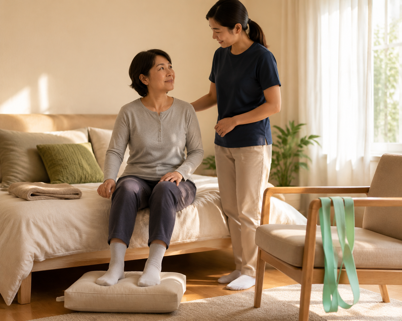 Person seated at the edge of a bed with a caregiver nearby and simple home exercise items in reach