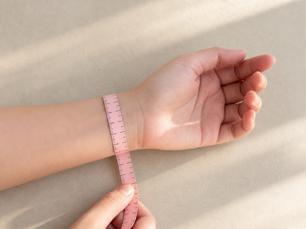 A close-up editorial photograph of a woman's bare wrist with a soft pastel measuring tape wrapped around the narrowest part of the wrist to demonstrate proper wrist circumference measurement technique.