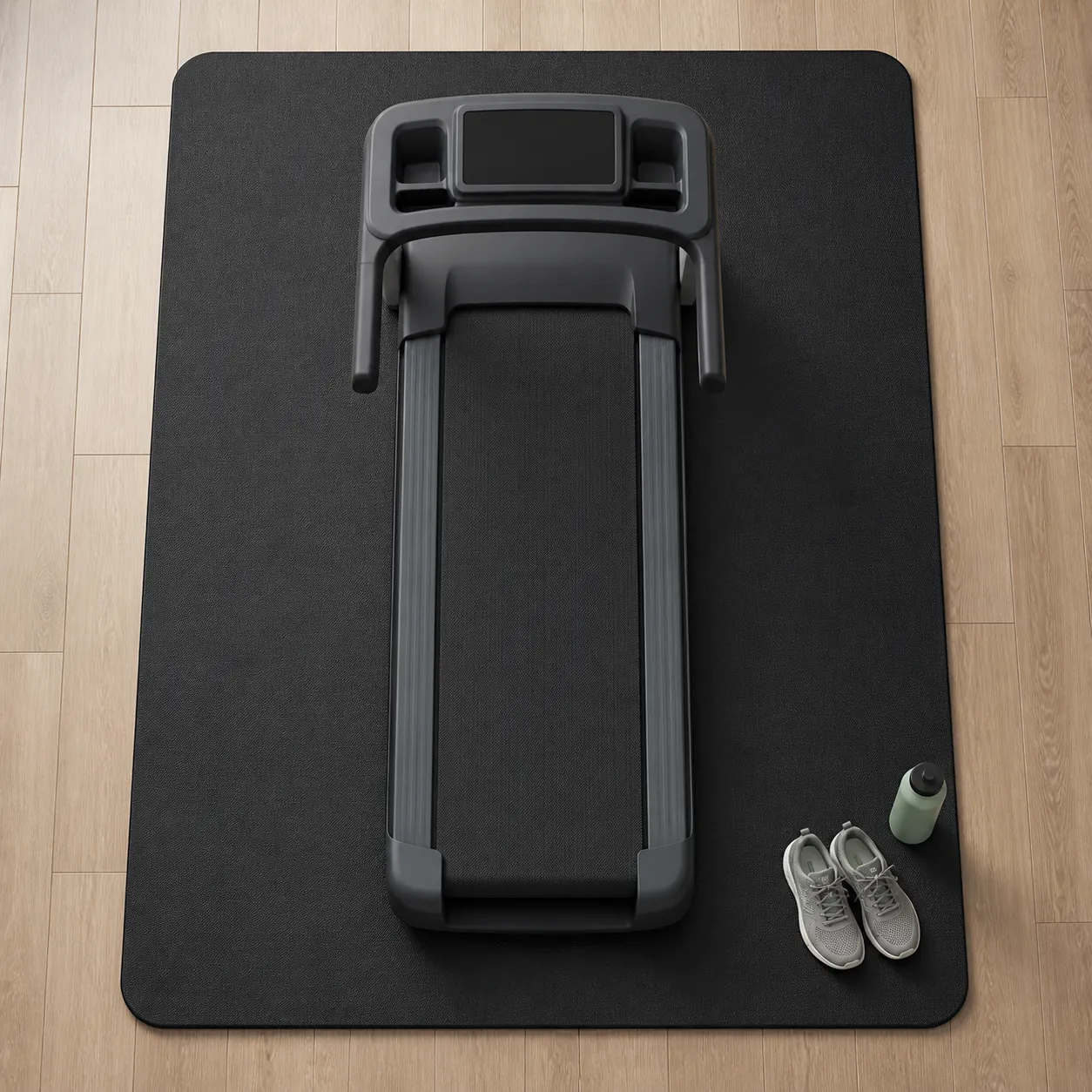 Top-down illustration of a treadmill centered on a large protective mat extending beyond the machine on all sides