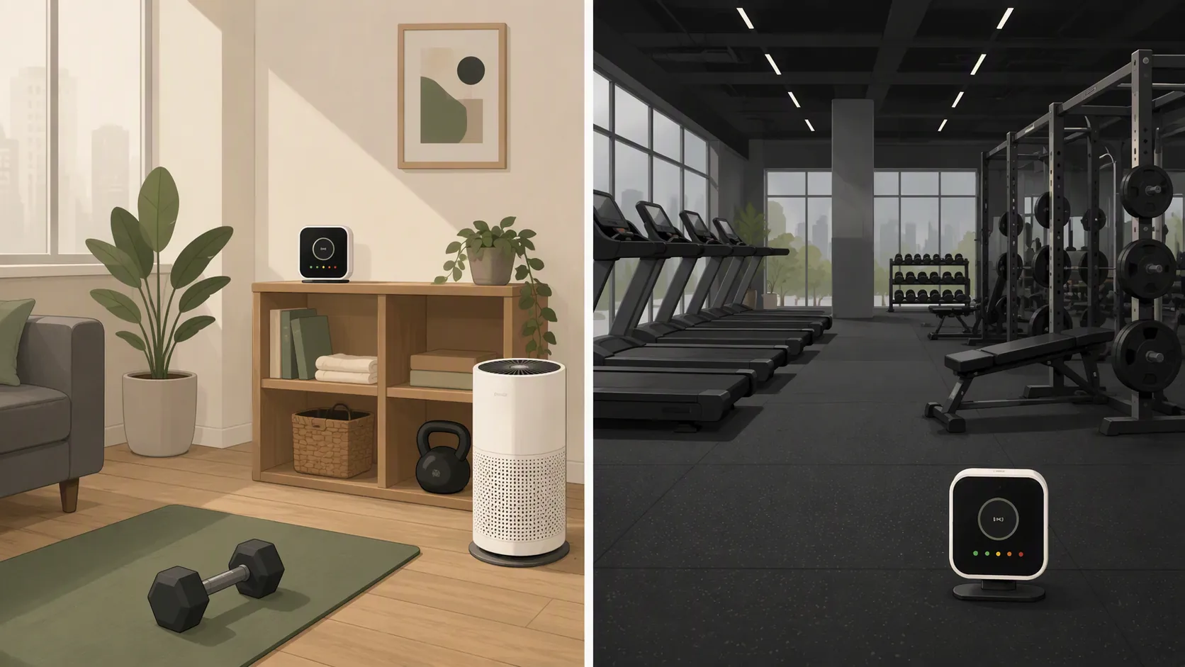 Split illustration of an apartment workout space and a commercial gym, each with an air quality monitor