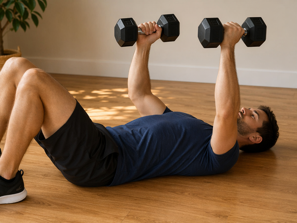 A waist-up view of a person lying on a wood floor performing a dumbbell floor press — elbows bent at 90 degrees with upper arms touching the floor, dumbbells aligned above the chest, warm natural light, no bench present, casual athletic clothing.