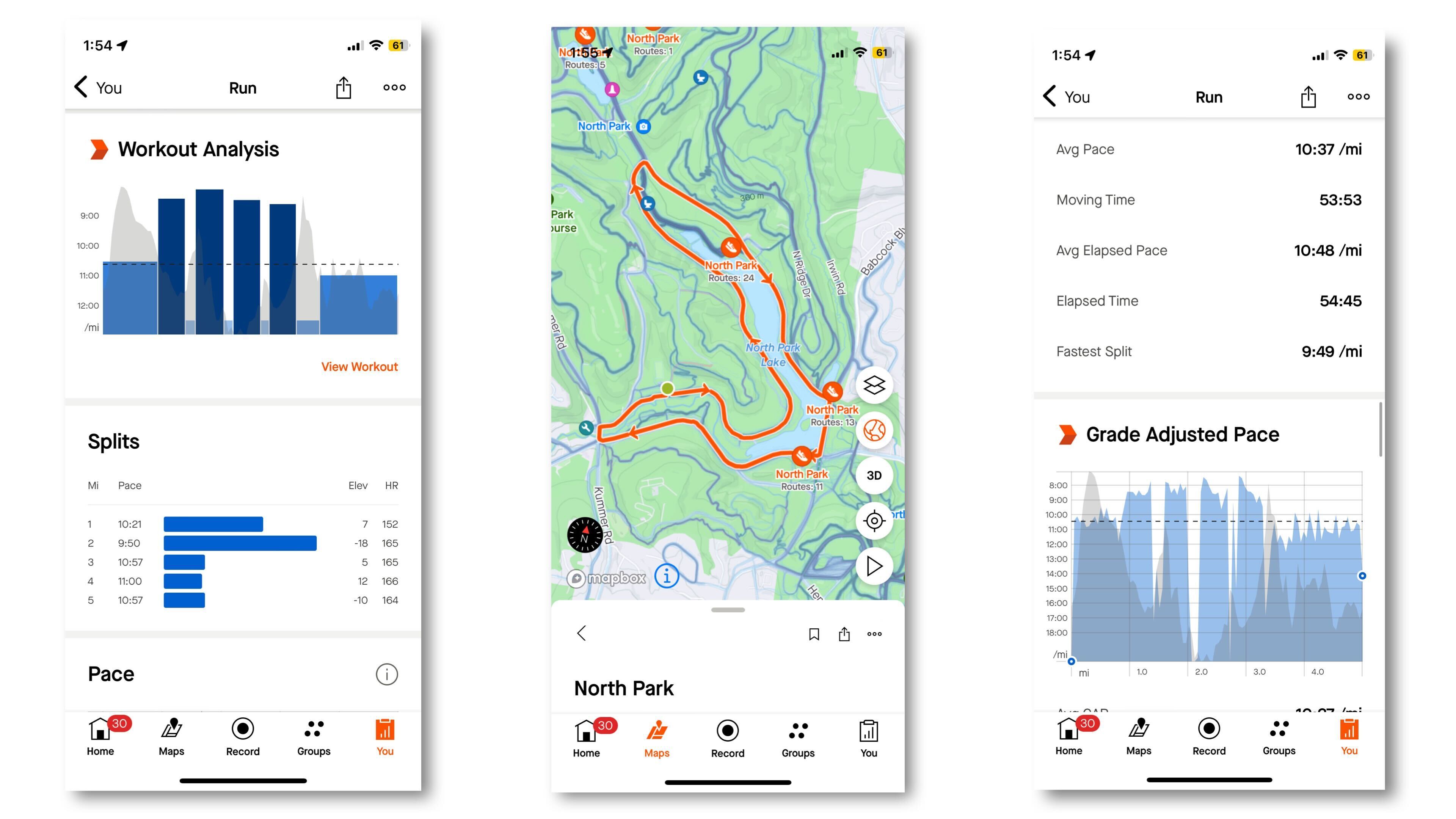 Strava running interface on a phone showing a mapped route with distance, pace, and time