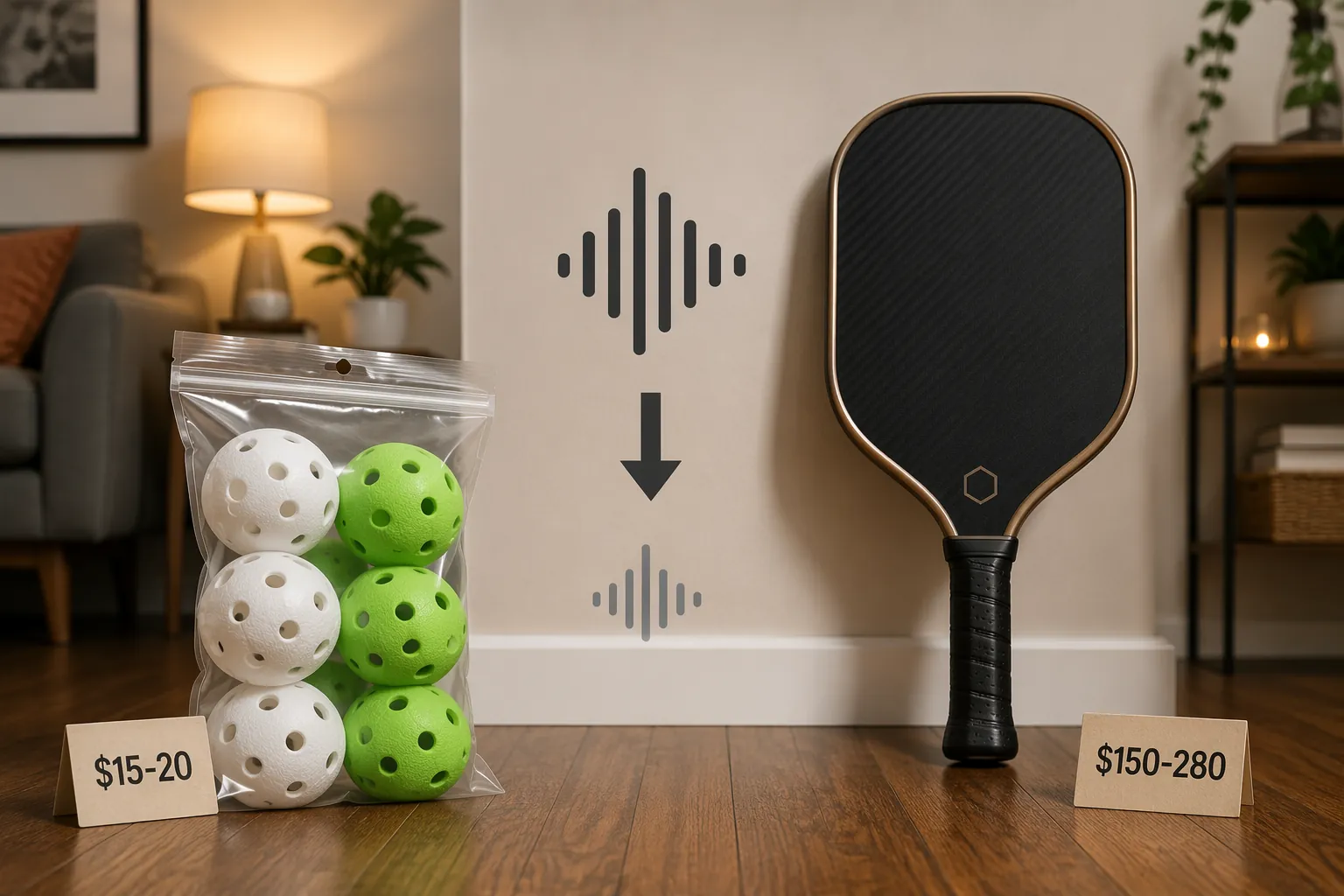 Foam pickleballs and a premium quiet pickleball paddle compared by price and noise reduction for apartment practice