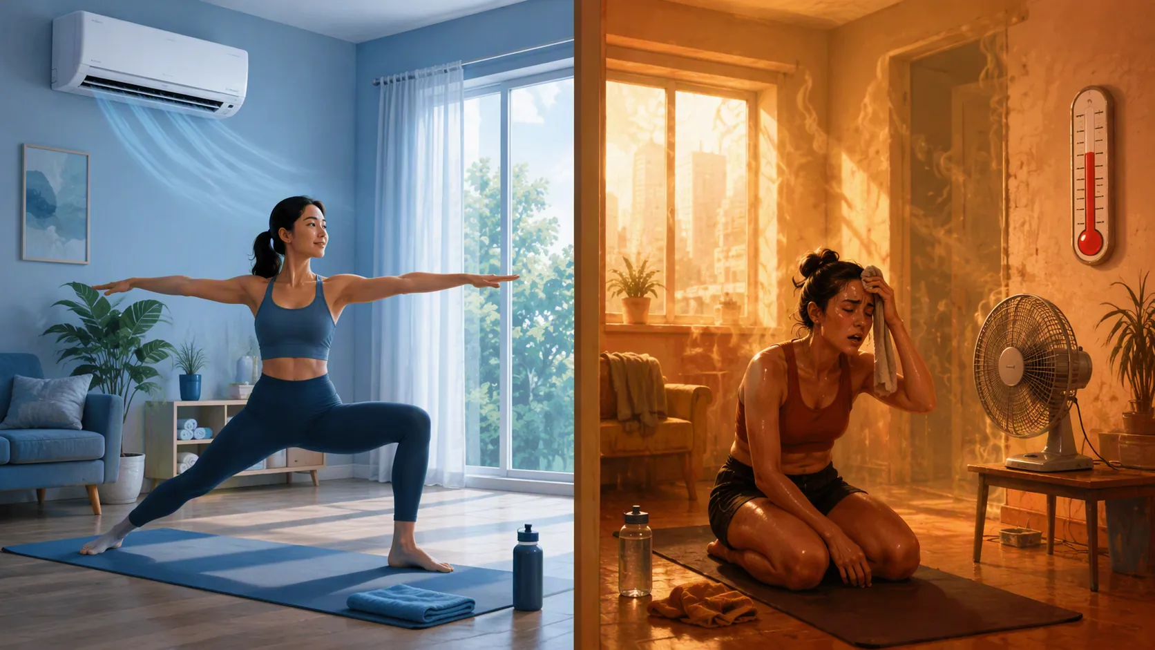 Split illustration comparing a cool air-conditioned workout room with a hot uncooled apartment using only a small fan
