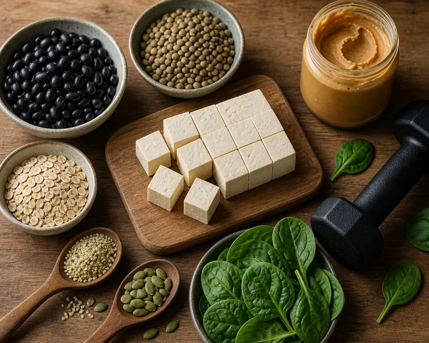 Plant-based whole-food recovery ingredients with tofu, beans, lentils, oats, seeds, peanut butter, spinach, and a dumbbell on a wooden kitchen surface