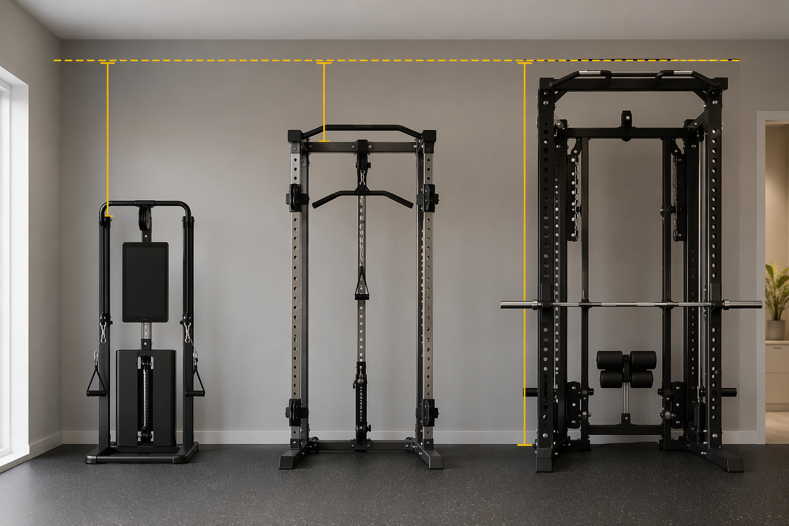 Home gym machines compared against an 8-foot ceiling height line