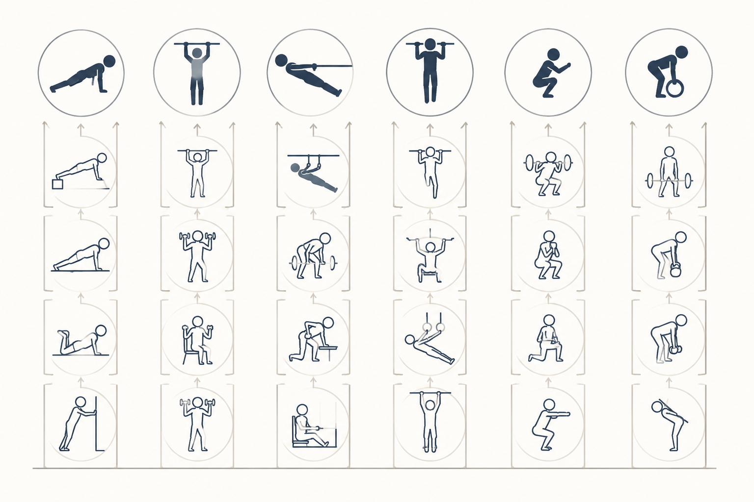 Six bodyweight progression ladders for horizontal push, vertical push, horizontal pull, vertical pull, squat, and hinge