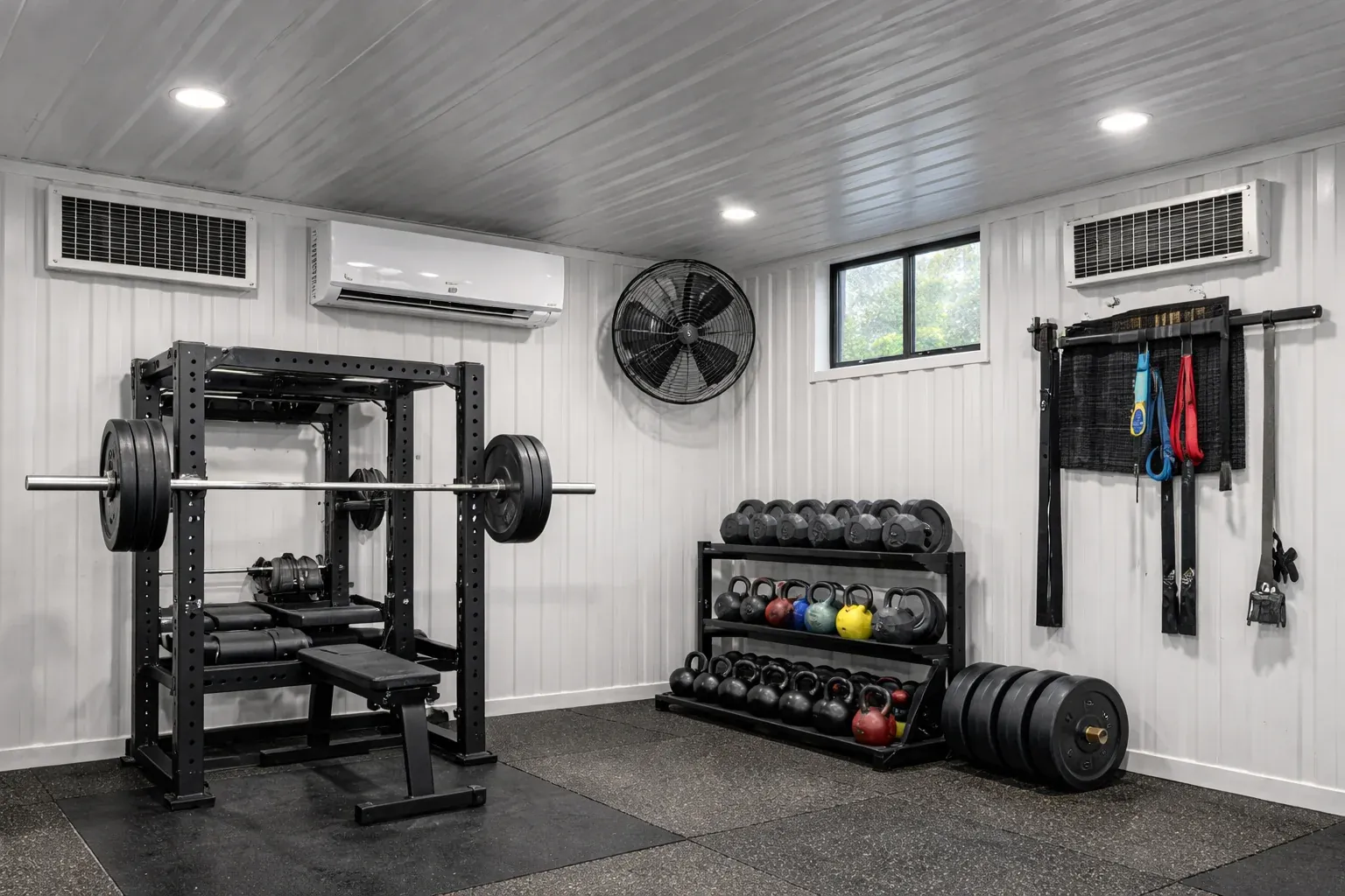 A converted shipping container gym with a rack, barbell, plates, and rubber flooring inside corrugated steel walls