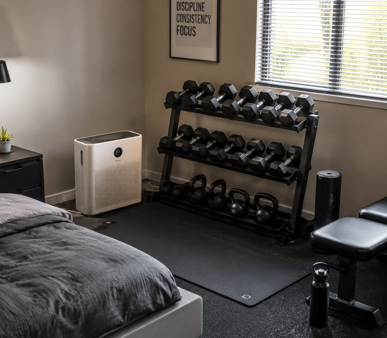 Small converted bedroom corner home gym with rubber floor mats, dumbbells, yoga mat, and an air purifier near the workout area