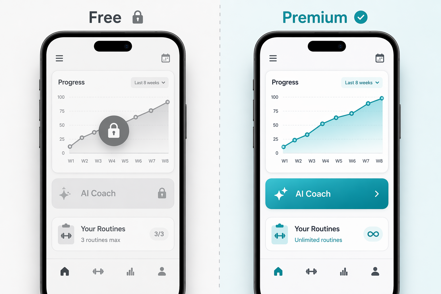 Side-by-side editorial illustration comparing a free workout app tier with grayed-out locked features and padlock icons against a premium tier with fully active colorful charts, AI coach, and unlimited routines indicators