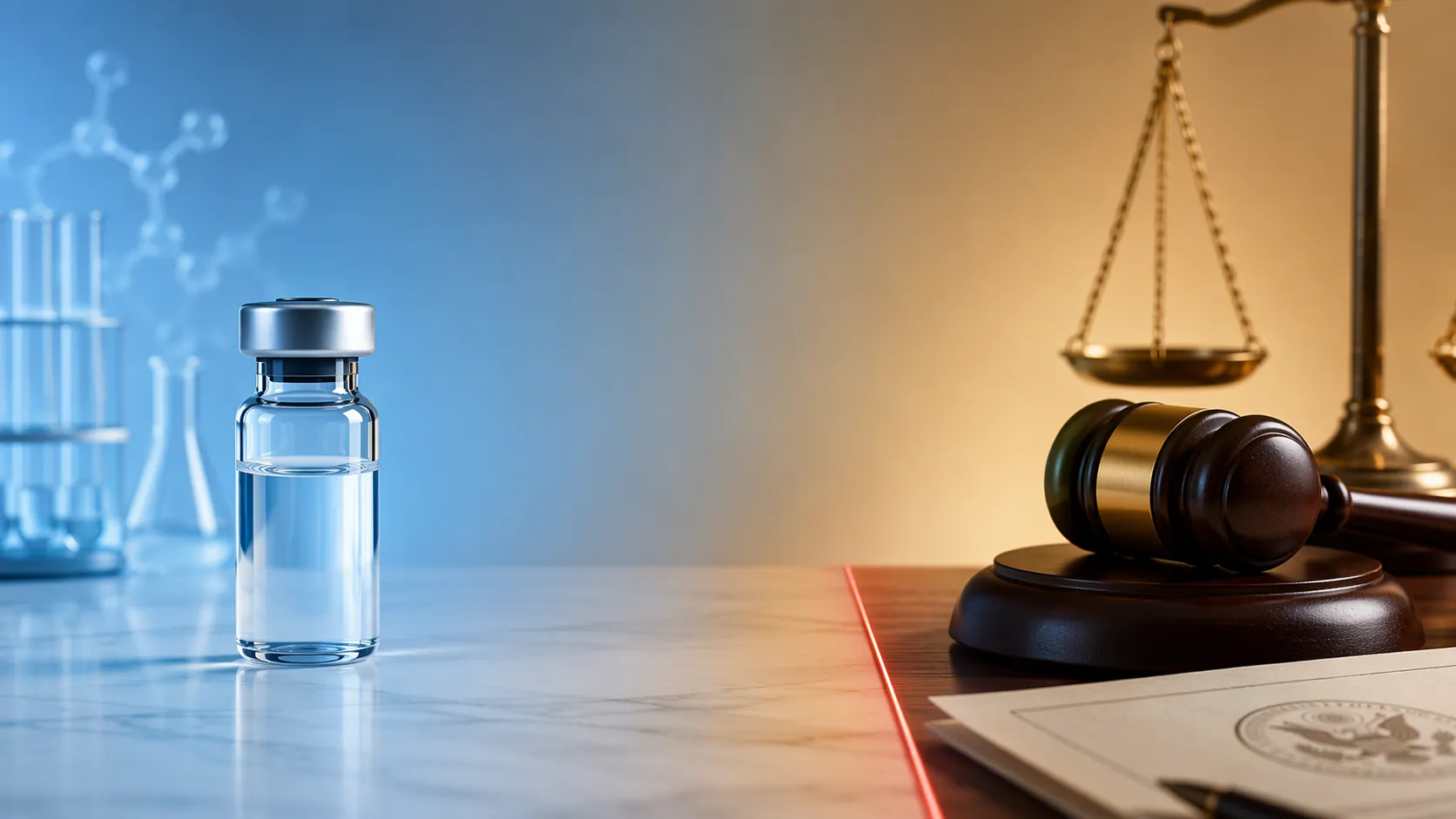 Laboratory vial beside legal documents and a warning boundary representing peptide regulatory gray areas