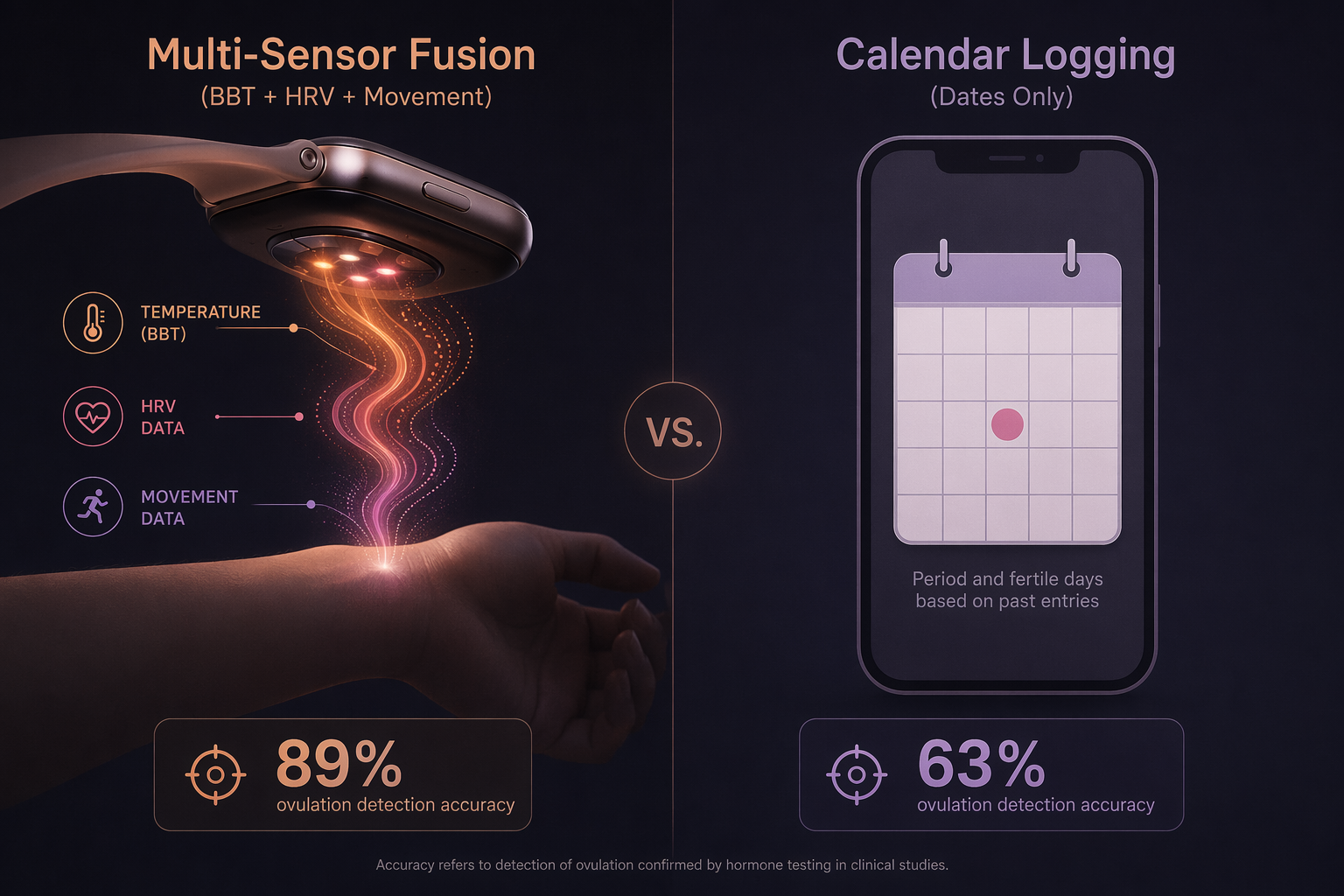 Side-by-side editorial visual showing a smartwatch with glowing sensor lights and warm abstract flowing lines on the left, contrasted with a simple smartphone calendar icon on the right.