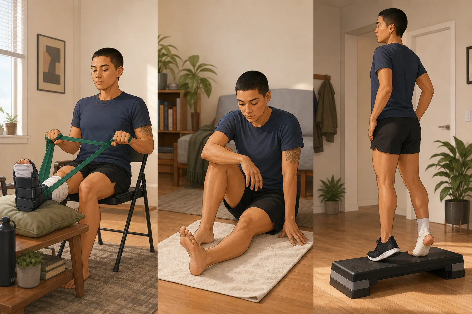 Three-panel illustration of small-apartment foot injury recovery phases using a chair, resistance band, towel, and step