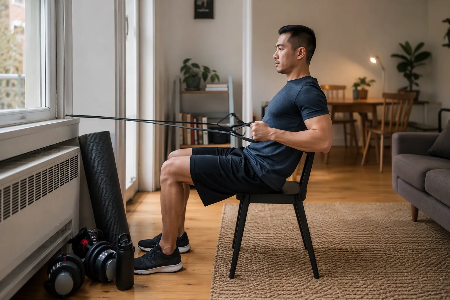 Person performing a seated resistance-band row in a compact living room with dumbbells, a yoga mat, and a water bottle nearby