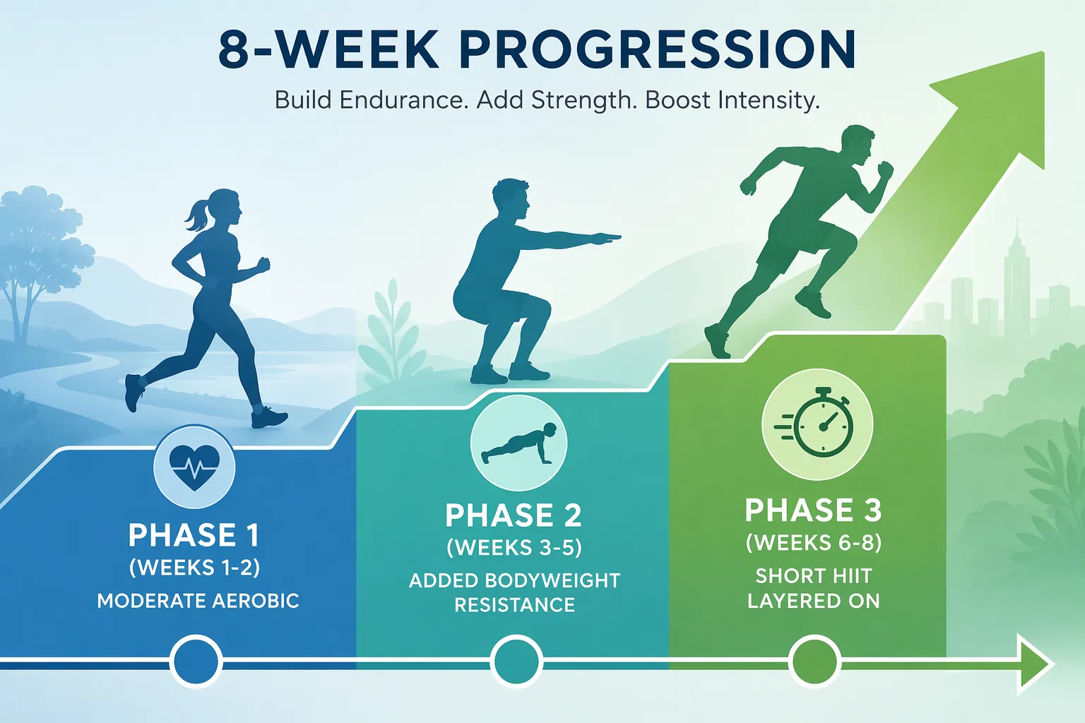 Three-phase 8-week home exercise progression from aerobic work to bodyweight resistance to short HIIT intervals