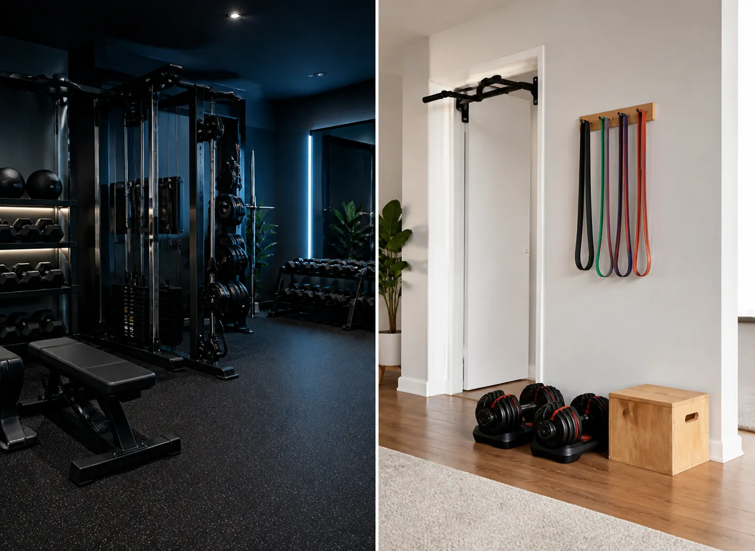 High-end gym equipment compared with a compact apartment workout setup using dumbbells, bands, a pull-up bar, and a wooden step box