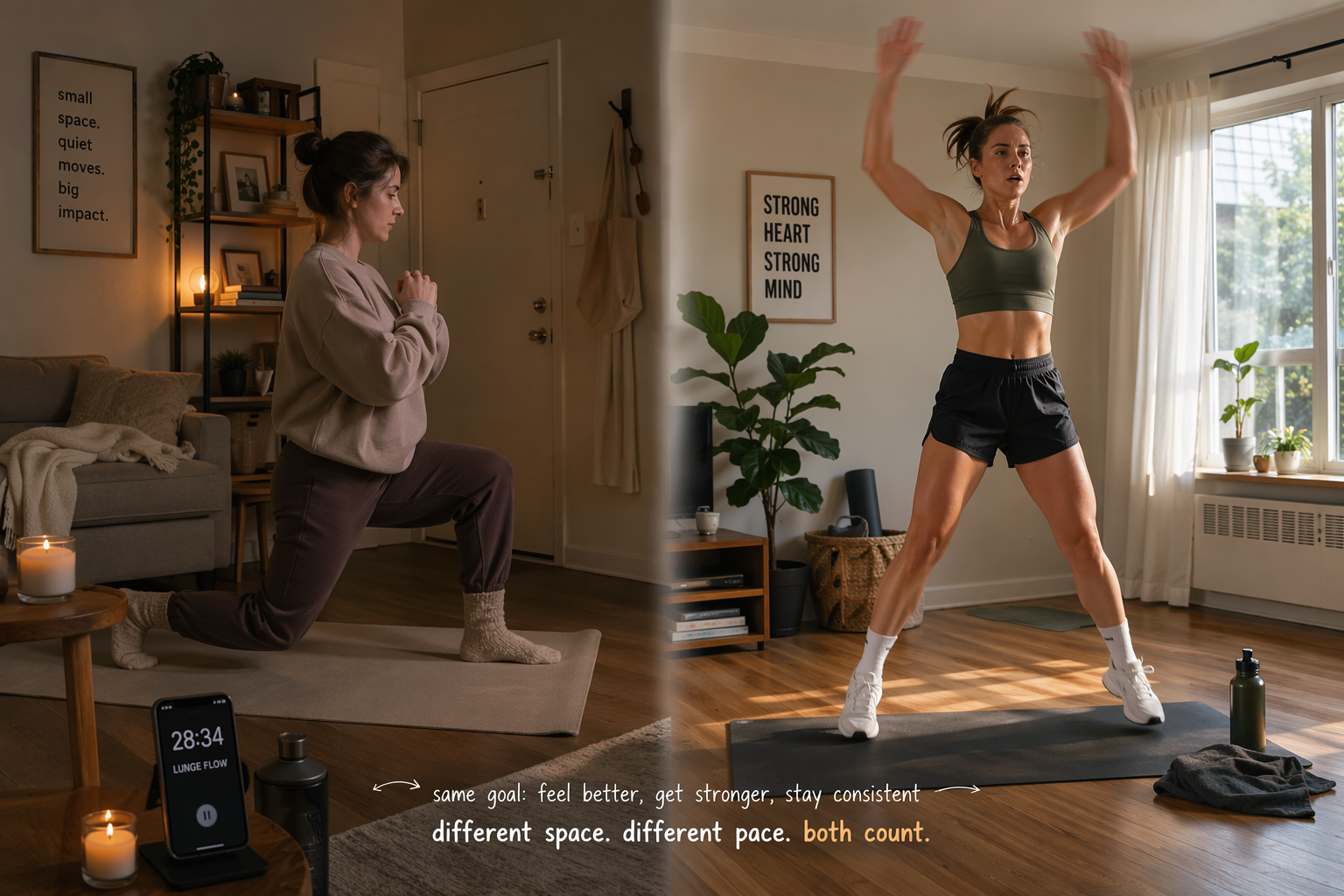 Split-scene composition of two home cardio environments side by side: a compact apartment with a person doing quiet lunges on a soft mat near a candle, and a larger space with a person doing burpees near a window.