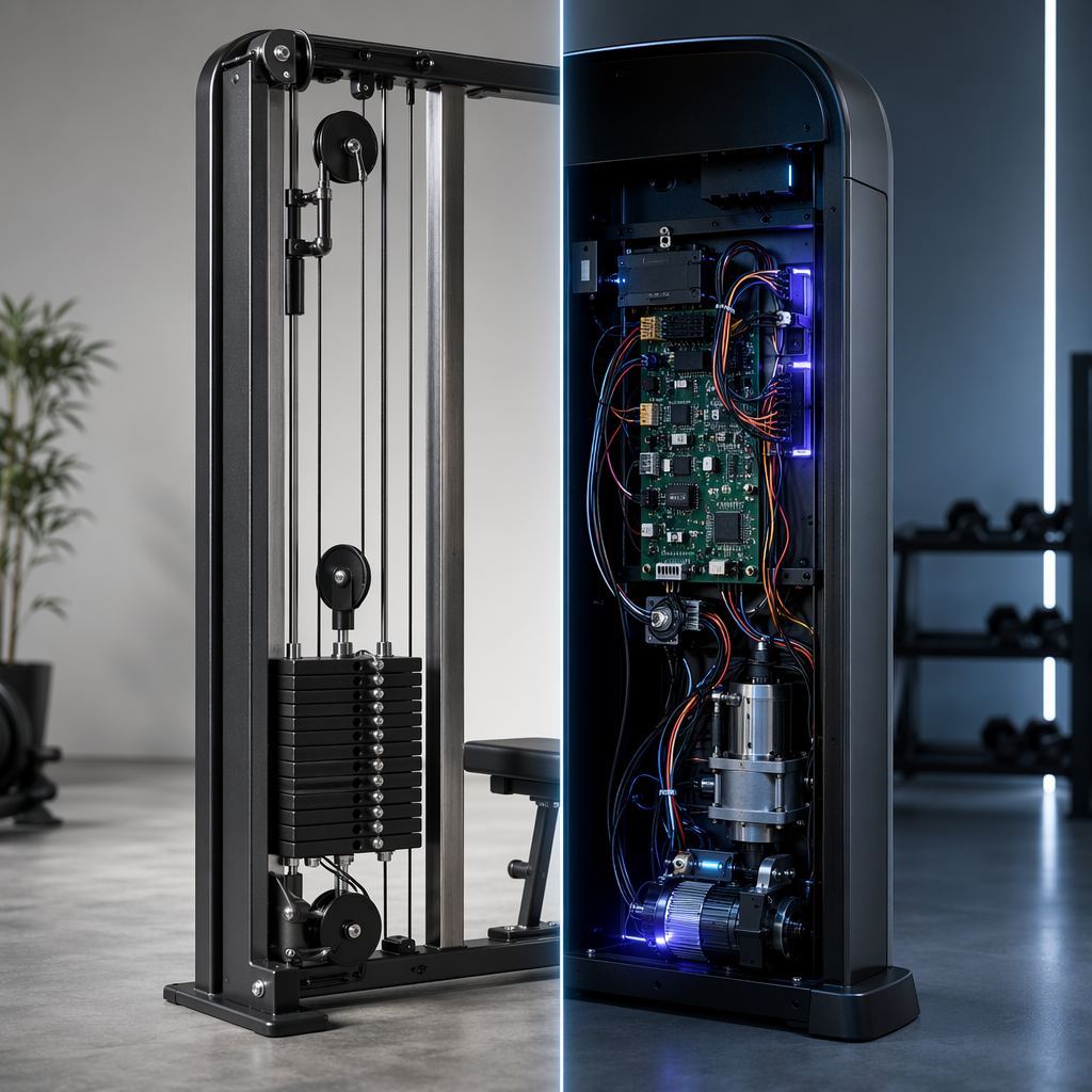 Close-up comparison of traditional weight-stack pulleys and cables beside smart gym electronics, wiring, and motor components