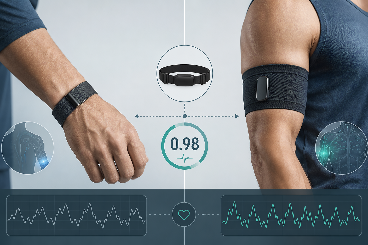 Split medical-diagram-style illustration comparing two Whoop band wear positions: left side shows the band on a wrist, right side shows the band on a biceps sleeve. Between them, a small chest strap icon connected to a 0.98 correlation annotation.