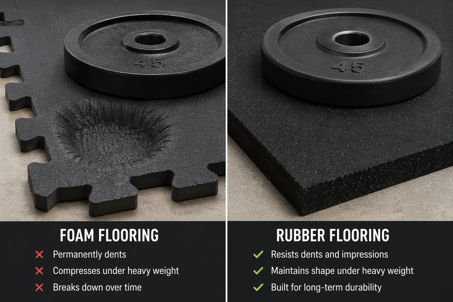 Side-by-side comparison showing a foam mat with a permanent indentation from a heavy weight and a rubber mat remaining flat and uncompressed.