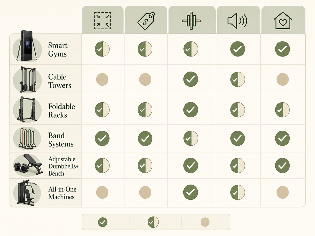 Compact Home Gym Decision Matrix: Match Equipment to Your Space, Budget, and Workout Style