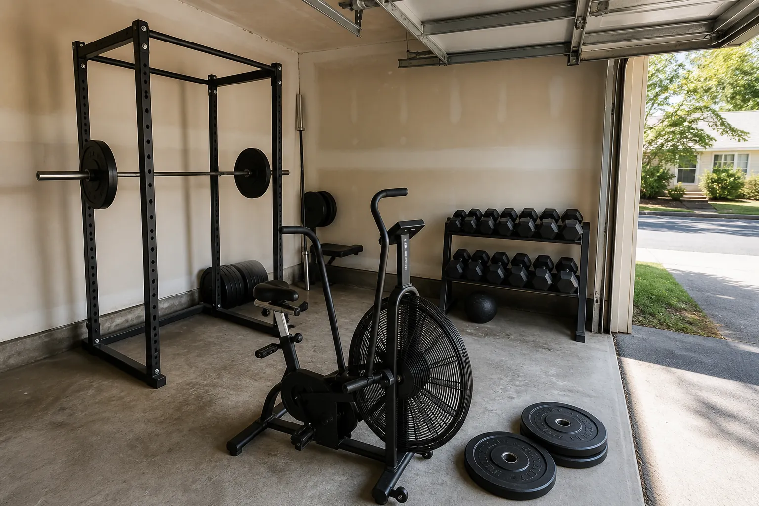 Small garage workout corner with squat rack, dumbbells, exercise bike, and weight plates