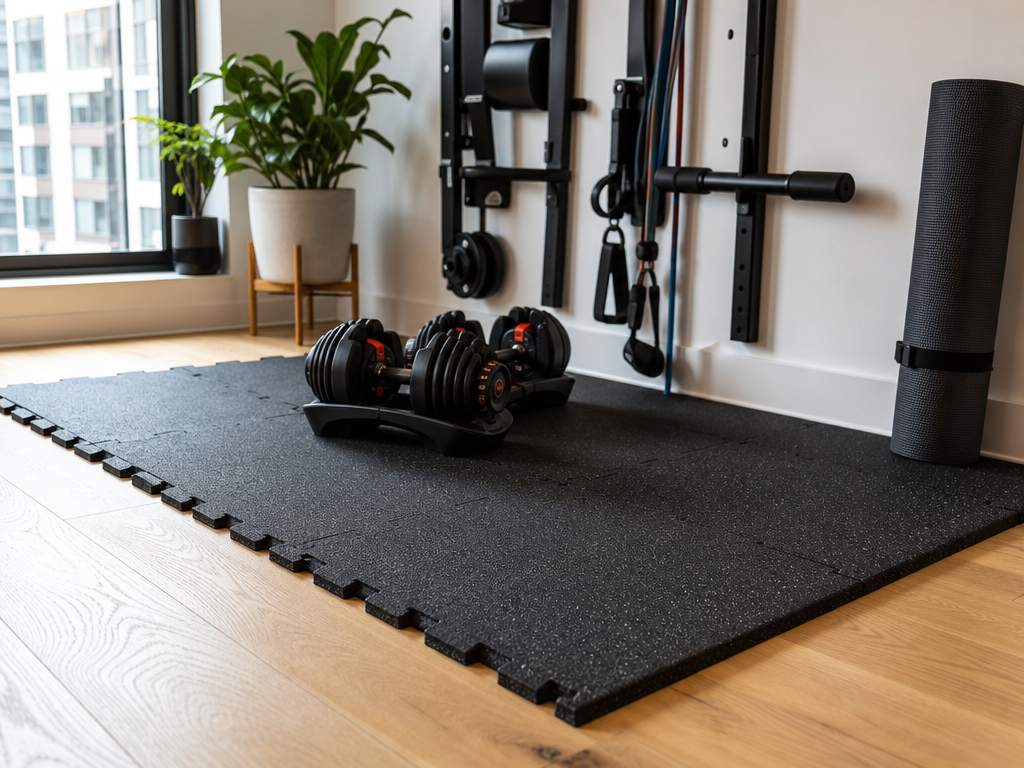 An apartment corner with thick black interlocking rubber gym mats laid over light hardwood flooring. A pair of adjustable dumbbells rests on the mats, and a rolled yoga mat sits nearby. Part of a wall-mounted gym setup is visible in the background, with warm natural light from a window.