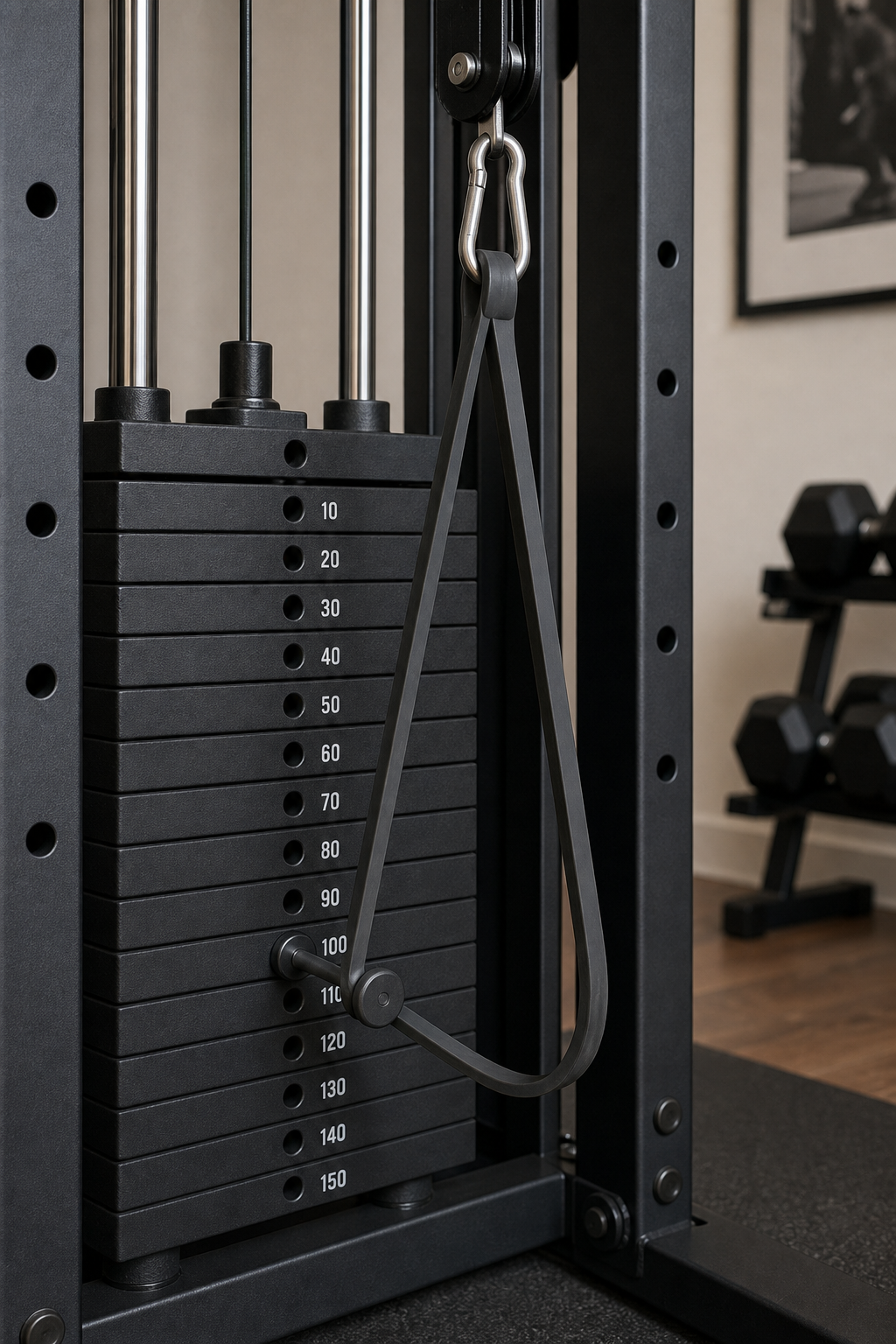 Close-up of a resistance band looped around the weight stack selector pin on a home gym cable machine, adding extra tension beyond the stack's maximum weight.