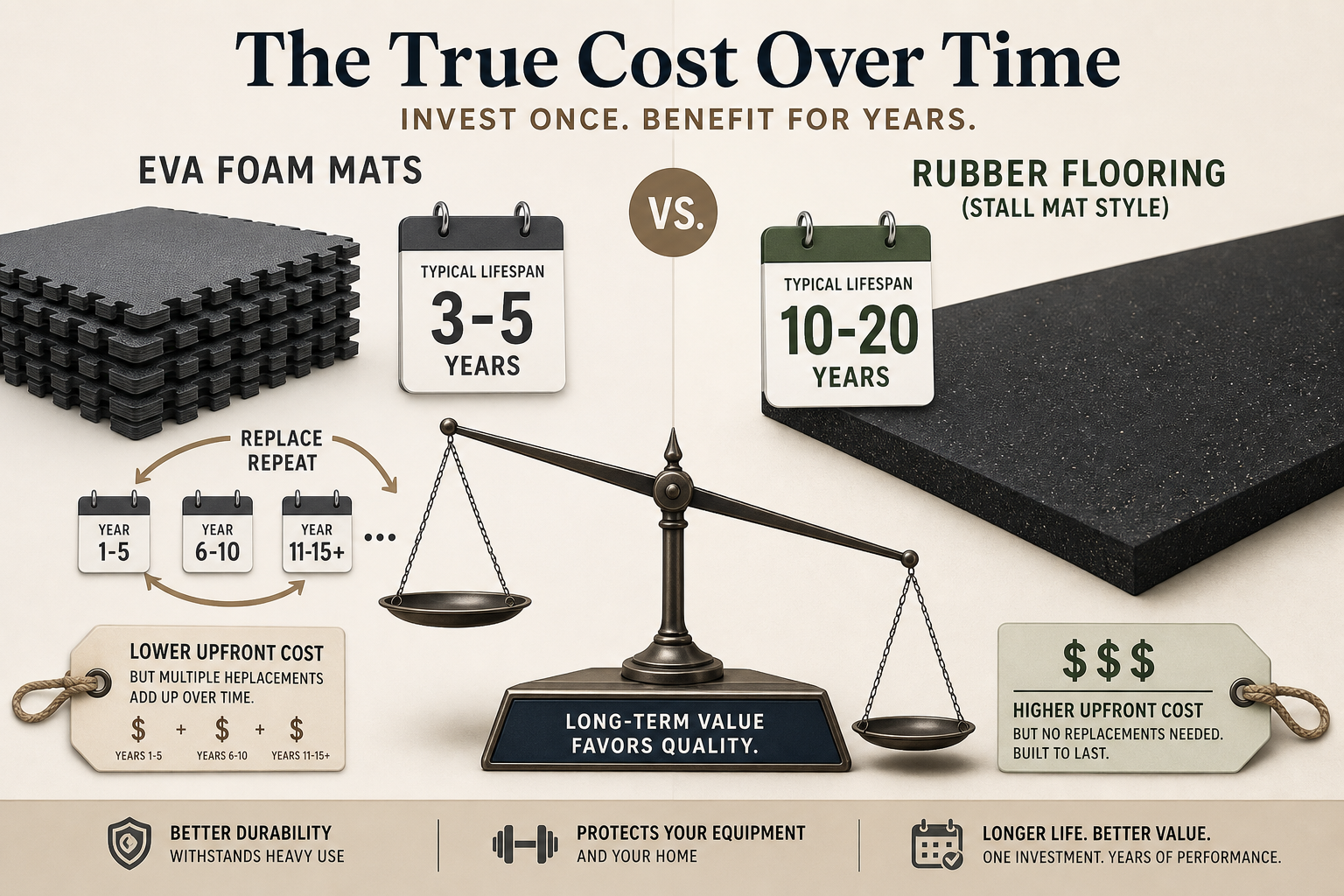 Split comparison illustration showing long-term flooring cost: left side shows stacked EVA foam mats with a 3-5 year calendar and replacement arrow, right side shows thick rubber stall mats with a 10-20 year calendar and no replacement arrow; a balance scale graphic between them tilts toward the rubber side; warm neutral background.